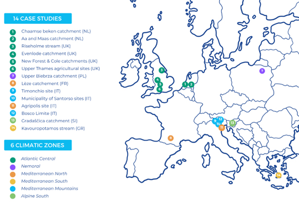 Map of the 14 SpongeScapes case studies across Europe © 2024 OiEau